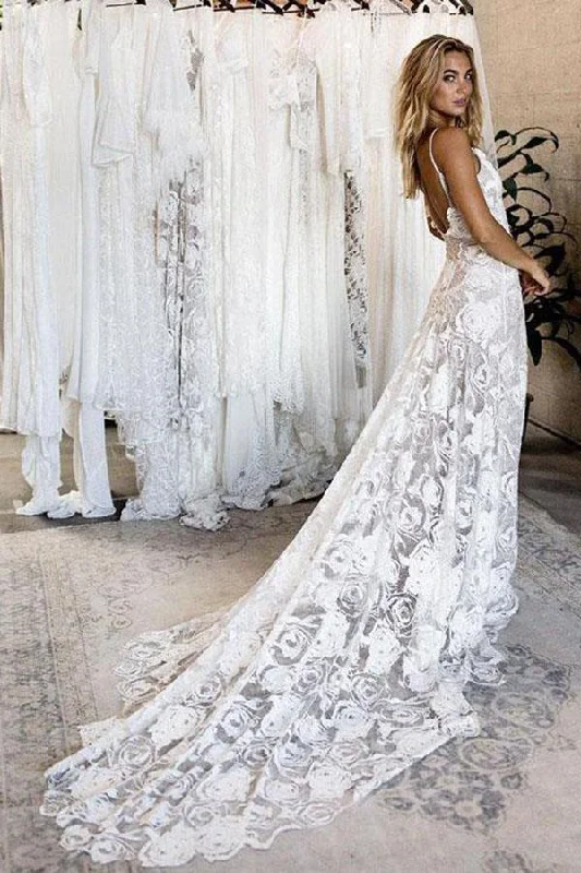 Simple Bridal Gowns for Understated Elegance -New Arrival Lace Backless V-Neck Ivory Spaghetti Straps Beach Wedding Dresses OKC71