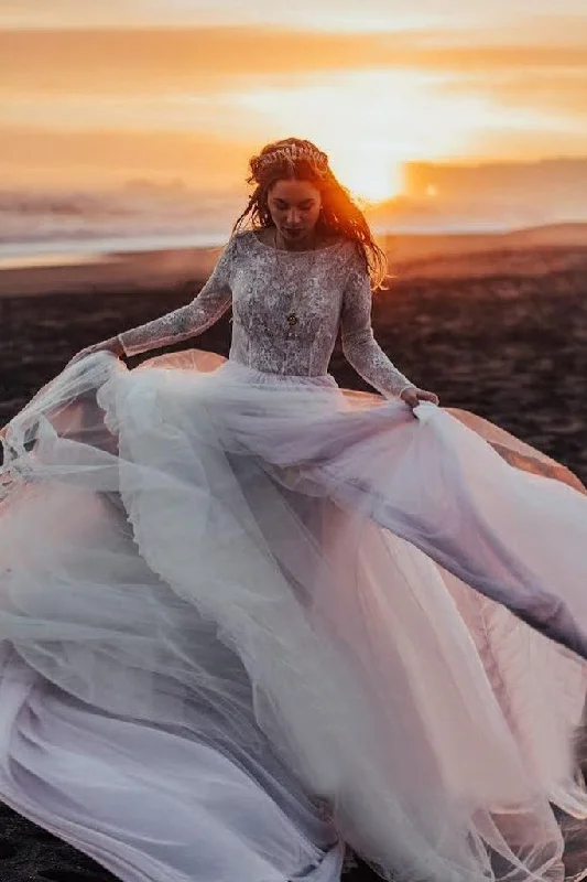 Minimalist Wedding Dresses for Simple Elegance -New Arrival Lace Long Sleeves Boho Wedding Dress Beach Bridal Dress OKV8
