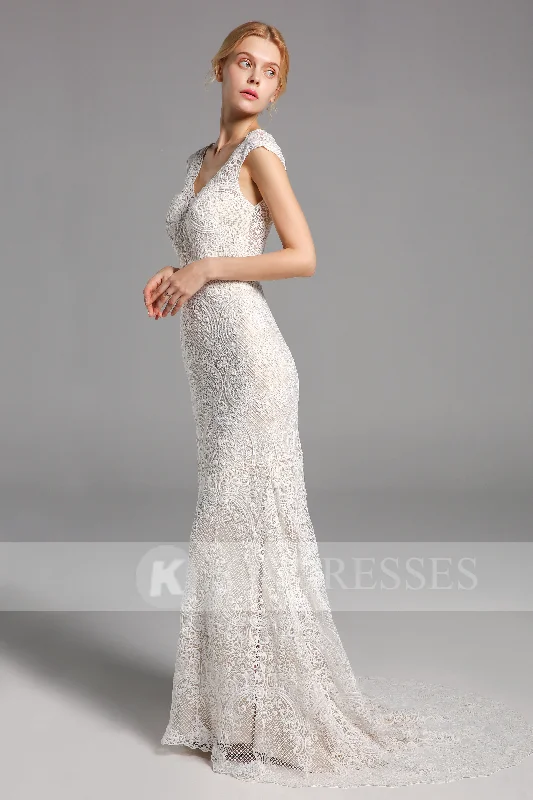 Vintage-Inspired Wedding Dresses for Nostalgic Charm -New Arrival Mermaid Lace Long Wedding Dresses V Neck Bridal Gowns OKV15