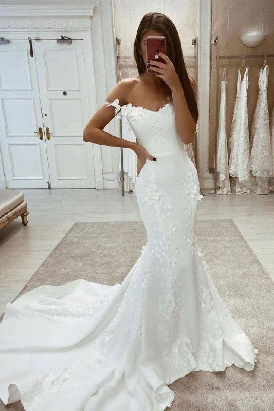 Soft Lace Wedding Dresses with Illusion Neckline for Dreamy Style -New Arrival Off The Shoulder Mermaid Elegant Long Lace Appliques Wedding Dress OKY2