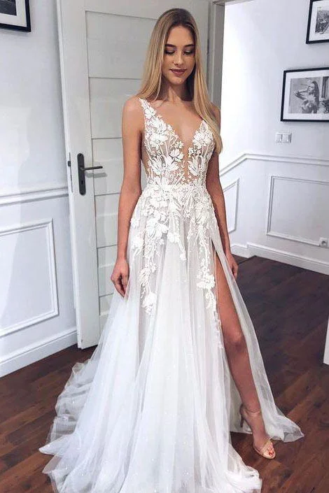 Off-Shoulder Boho Wedding Dresses for Free-Spirit Vibe -New V-neck A Line Tulle Split Wedding Dress Beach Bridal Gown With Appliques OK1119
