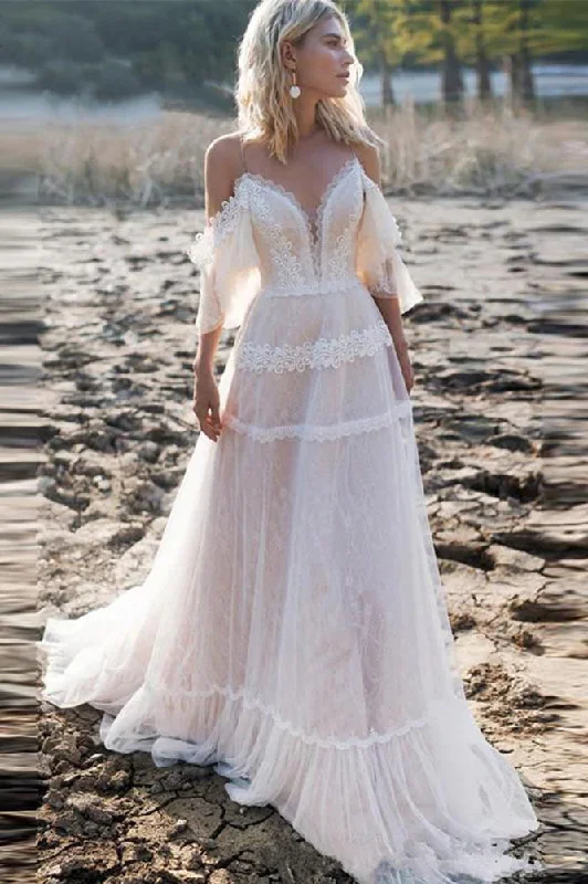 Chic Satin Wedding Dresses for Sophisticated Style -Off Shoulder A-line Lace Appliqued Boho Wedding Gown Beach Bridal Gowns OKV66