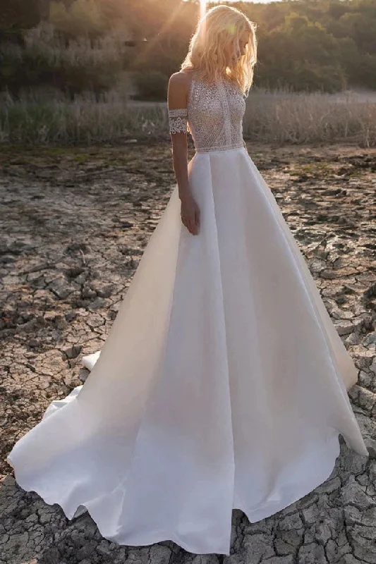 Lace Wedding Dresses with Cap Sleeves for Modest Appeal -Off-Shoulder Boho Beach Bride Dress A-line Lace Top Princess Wedding Dresses OKV27