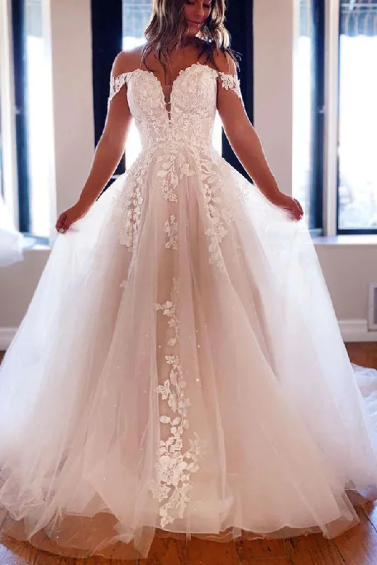 Wedding Dresses with Lace Embellishments for Intricate Detail -Off Shoulder Ivory Lace Appliques Long Wedding Dresses, White Tulle Bridal Dresses OK1700