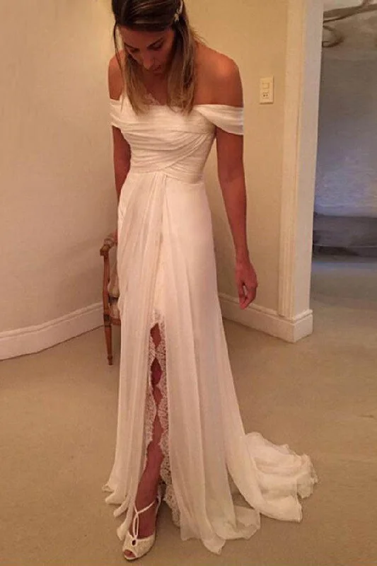 Chiffon Wedding Dresses for Light and Flowing Look -Off Shoulder Side Split Beach Long Affordable Bridal Dress/Wedding Dress OK170 Chiffon Wedding Dresses for Light and Flowing Look -Off Shoulder Side Split Beach Long Affordable Bridal Dress/Wedding Dress OK170