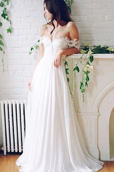 Boho-Chic Wedding Dresses for Free-Spirited Brides -Off-the-shoulder A-line Lace Beach Wedding Dress,Simple White Chiffon Prom Dress OK282