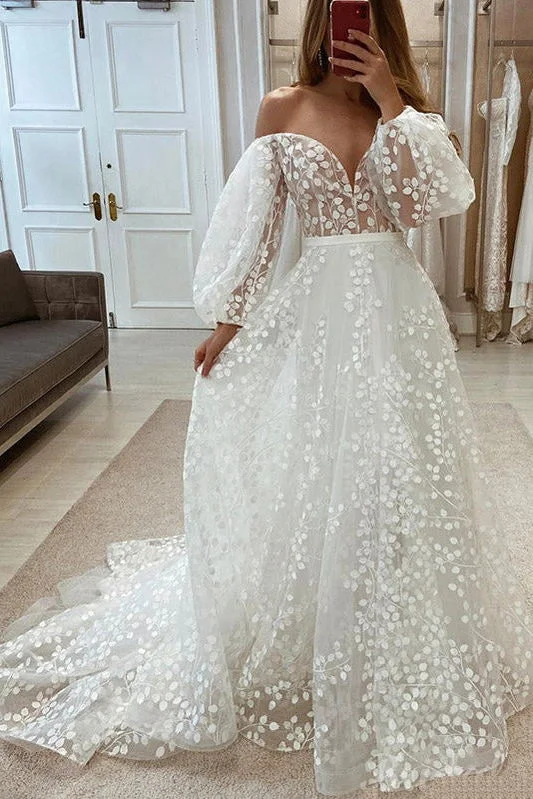 Long Sleeve Wedding Dresses for Fall Weddings -Off the Shoulder A-line Puffy Long Sleeves Lace Beach Wedding Dresses OK1929 Long Sleeve Wedding Dresses for Fall Weddings -Off the Shoulder A-line Puffy Long Sleeves Lace Beach Wedding Dresses OK1929