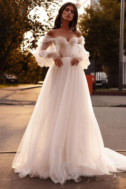 Wedding Dresses with V-Back for Sexy Detail -Off The Shoulder A Line Tulle Beach Wedding Dresses Sweetheart Puffy Sleeves Corset Princess Wedding Gown OKW15