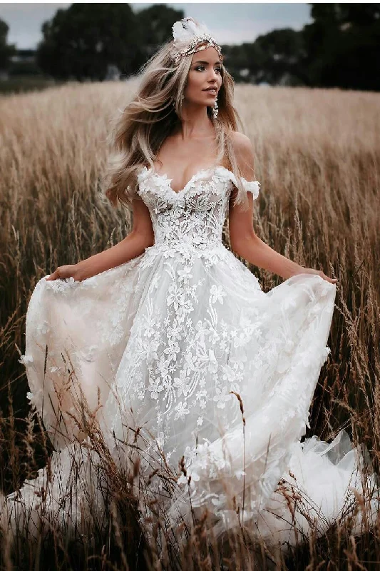 Pleated A-Line Wedding Dresses for Textured Style -Off The Shoulder A-line Tulle Lace Appliques Long Beach Wedding Dress OKY3