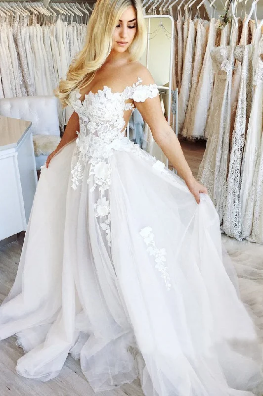 Chiffon Wedding Dresses for Light and Flowing Look -Off-The-Shoulder Appliqued Lace Long Tulle A-line Wedding Gowns OKU84