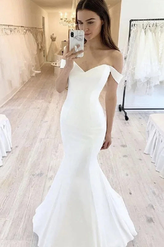 Wedding Dresses with V-Back for Sexy Detail -Off the Shoulder Ivory Mermaid Simple Wedding Dress Long Bridal Dress OKX56