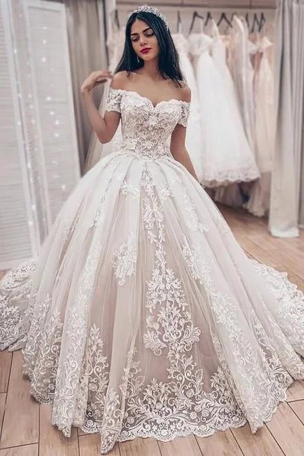 Bridal Gowns with Sheer Accents for Elegant Touch -Off The Shoulder Lace Appliques Wedding Dress Princess Tulle Bridal Gown OKY66