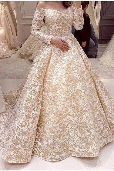 Bridal Wedding Dresses with Intricate Lace Detail -Off the Shoulder Long Sleeves Lace Ball Gown Wedding Dress OK1050