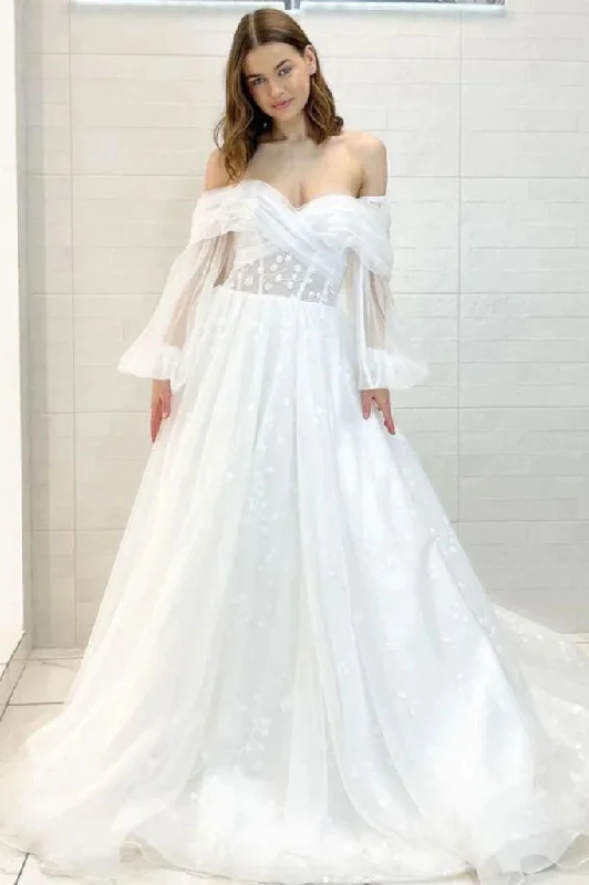 Soft Lace Wedding Dresses with Illusion Neckline for Dreamy Style -Off the Shoulder Long Sleeves White A Line Tulle Floral Wedding Dresses OK1922