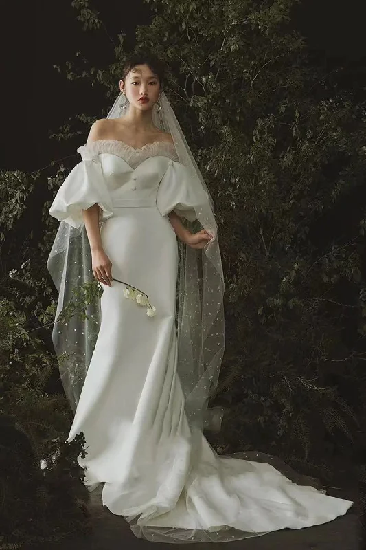 Luxury Wedding Dresses for Dream Weddings -Off The Shoulder Satin Wedding Dresses, Fashion Long Mermaid Bridal Dresses OK1947