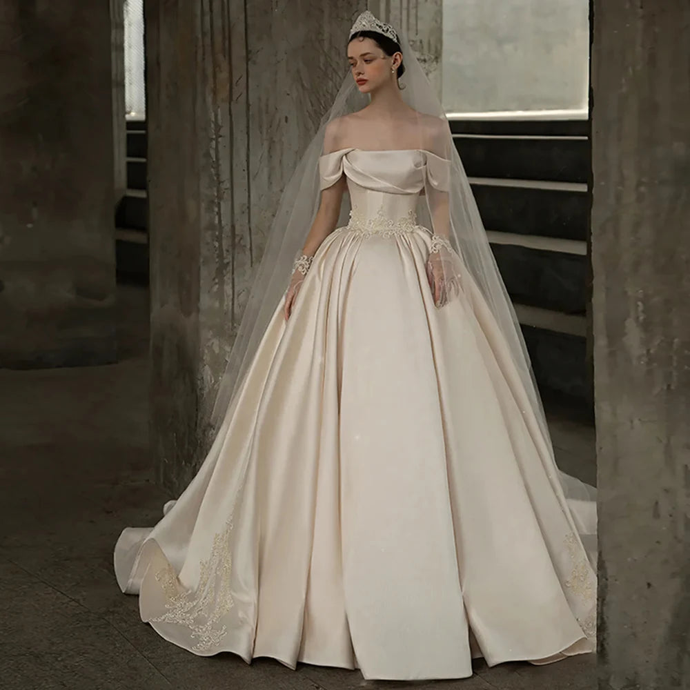 Luxe Satin Wedding Dresses for Bridal Glam -Off The Shoulder Short Sleeve Strapless Neck Lace Up Back Beading Appliques
