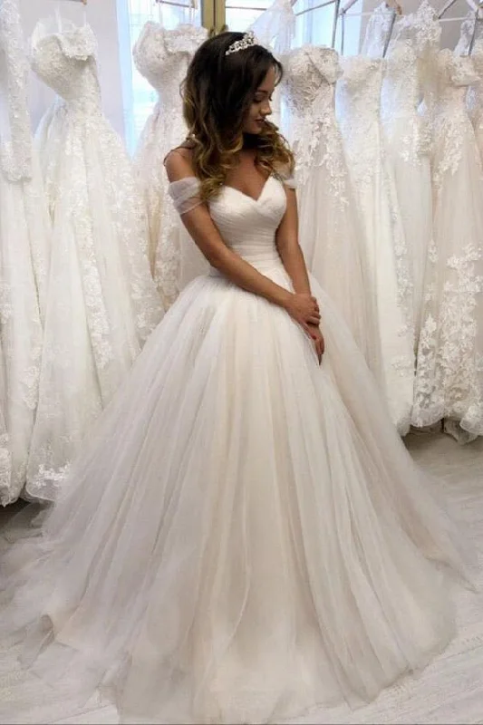 High Neck Wedding Dresses for Modest Style -Off The Shoulder Tulle Off White Wedding Dress Ball Gown Bridal Dress OKZ33
