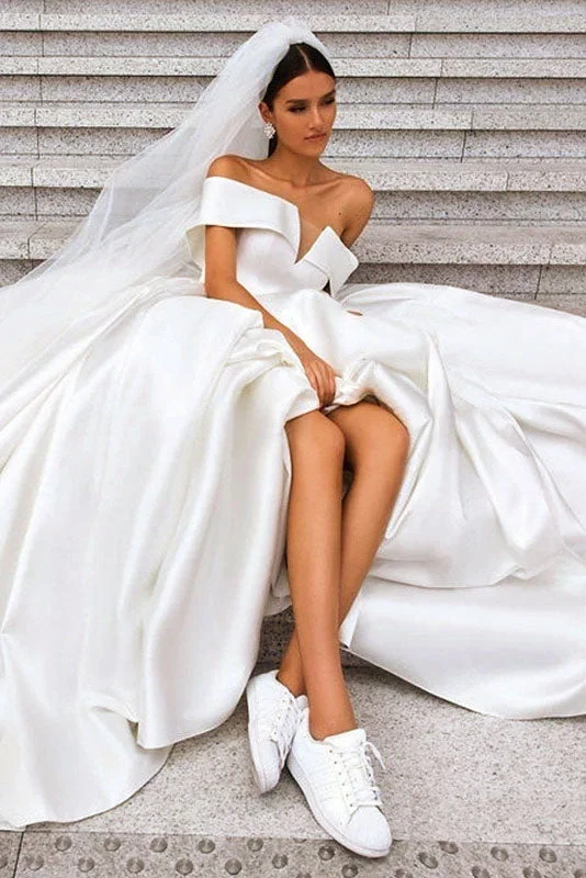 Sleek Wedding Dresses with Long Sleeves for Elegant Appeal -Elegant Off Shoulder White Ball Gown Simple Wedding Dress Satin Bridal Gown OKQ20 Sleek Wedding Dresses with Long Sleeves for Elegant Appeal -Elegant Off Shoulder White Ball Gown Simple Wedding Dress Satin Bridal Gown OKQ20