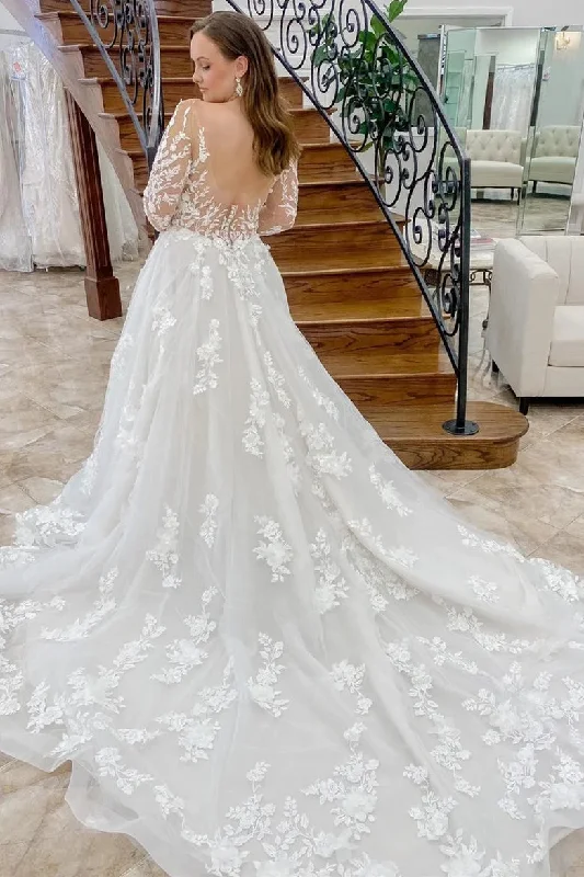 Wedding Dresses with Capped Sleeves for Subtle Style -Off White Appliques Long Sleeves Backless A-Line Tulle Long Wedding Dress OK1910