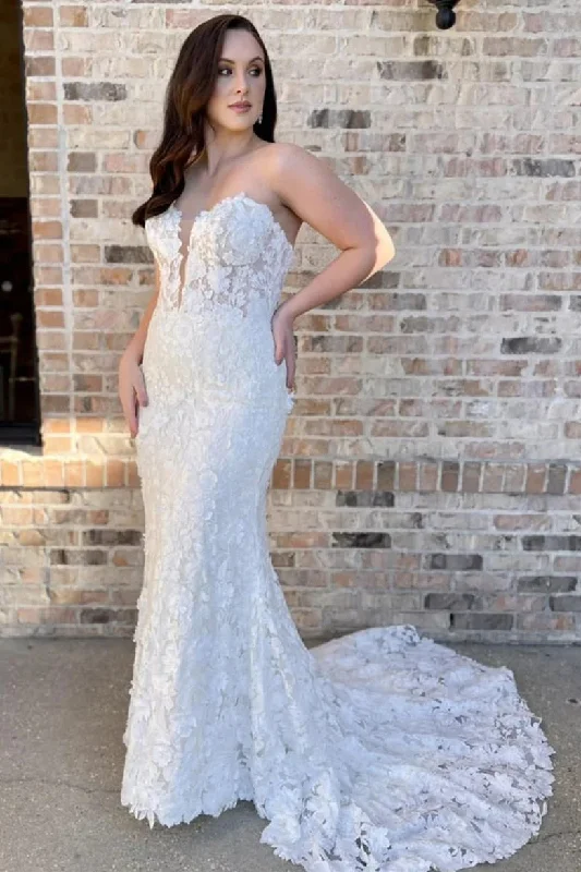 Satin Wedding Dresses for Luxurious Feel -Off White Floral Lace Strapless Mermaid Long Wedding Dress With Brush Train OK1909 Satin Wedding Dresses for Luxurious Feel -Off White Floral Lace Strapless Mermaid Long Wedding Dress With Brush Train OK1909