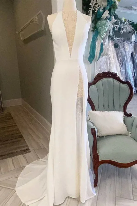 Silk Wedding Dresses for Soft and Elegant Style -Off White Halter Backless Mermaid Long Wedding Dress Elegant Bridal Dresses OK1908 Silk Wedding Dresses for Soft and Elegant Style -Off White Halter Backless Mermaid Long Wedding Dress Elegant Bridal Dresses OK1908