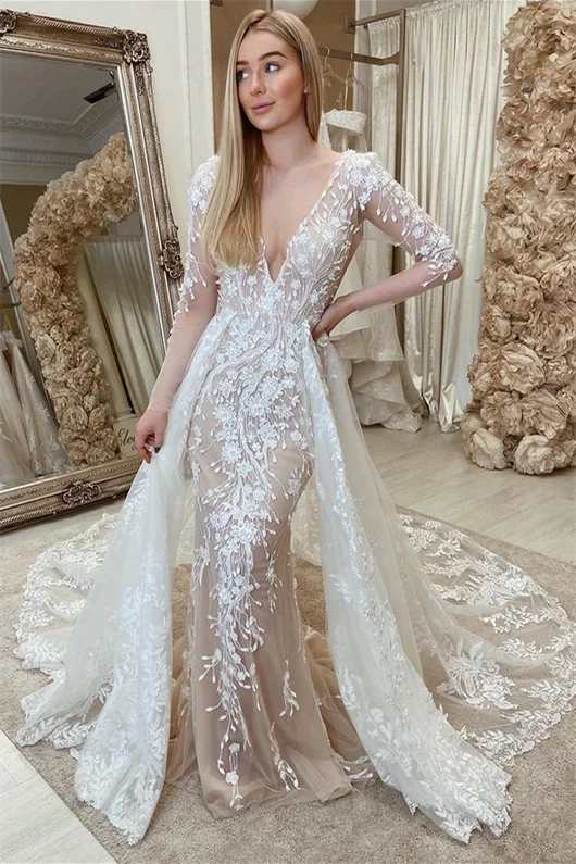 Wedding Dresses with Flutter Sleeves for Soft Elegance -Off White Lace Appliques Long Sleeves Backless Mermaid Wedding Dress with Attached Train OK1594 Wedding Dresses with Flutter Sleeves for Soft Elegance -Off White Lace Appliques Long Sleeves Backless Mermaid Wedding Dress with Attached Train OK1594