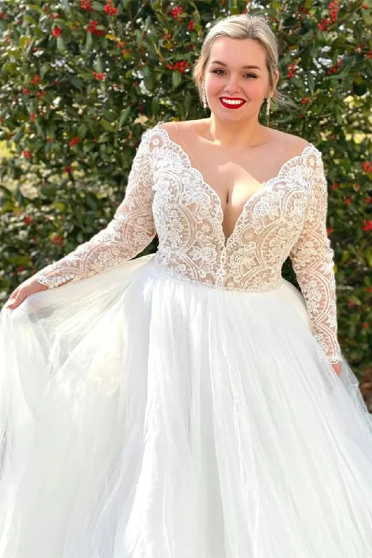 Beaded Wedding Dresses for Extra Sparkle -Off White Lace Top V-Neck Long Sleeves Backless Wedding Dress OK1618 Beaded Wedding Dresses for Extra Sparkle -Off White Lace Top V-Neck Long Sleeves Backless Wedding Dress OK1618