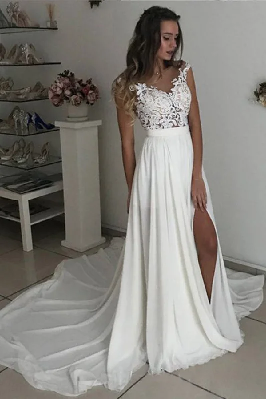 Sleek Satin Wedding Dresses for Clean, Minimalist Look -Off White Long Chiffon Cap Sleeves Split Wedding Dress With Lace OKA53