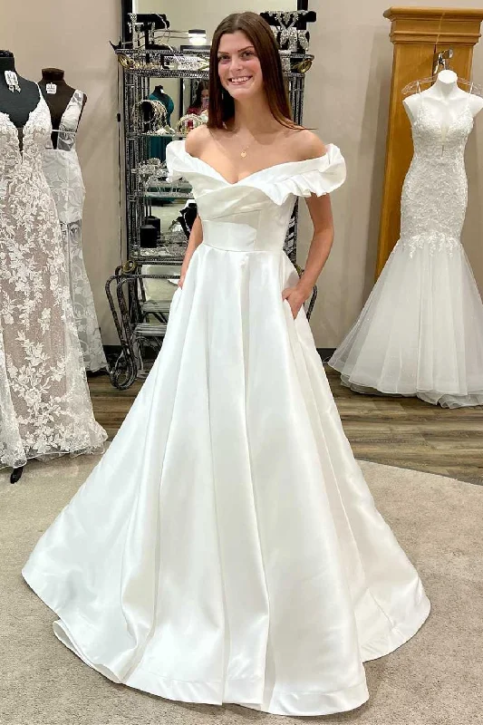 High-Neck Wedding Dresses for Chic Elegance -Off White Off-the-Shoulder Ruffled A-Line Satin Bridal Wedding Dress OK1568 High-Neck Wedding Dresses for Chic Elegance -Off White Off-the-Shoulder Ruffled A-Line Satin Bridal Wedding Dress OK1568
