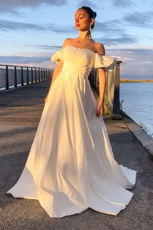 Beaded Bridesmaid Wedding Dresses for Coordinated Style -Off White Off-the-Shoulder Ruffles Sleeve A-Line Long Wedding Dress OK1541 Beaded Bridesmaid Wedding Dresses for Coordinated Style -Off White Off-the-Shoulder Ruffles Sleeve A-Line Long Wedding Dress OK1541