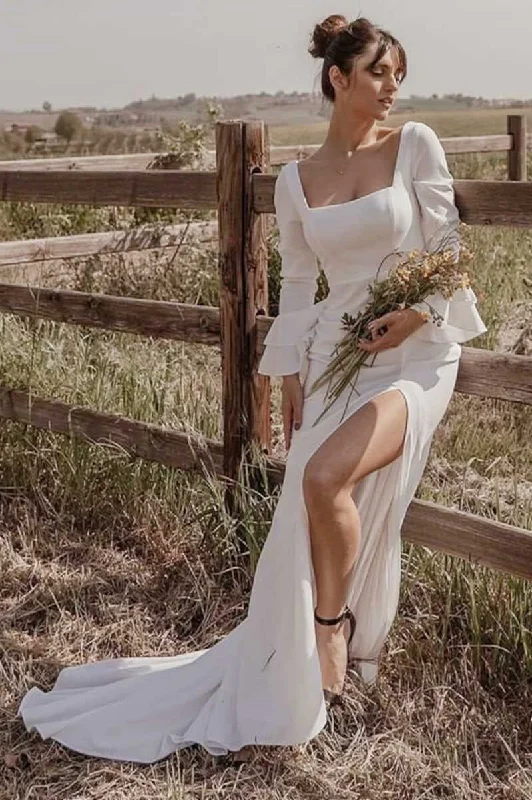 Bridal Dresses with Tulle Skirt for Light and Airy Effect -Off White Square Neck Long Sleeves Long Simple Wedding Dress with Slit OK1622