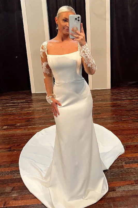 Chic Bridal Dresses for Modern Weddings -Off White Square Neck Long Sleeves Satin Mermaid Long Wedding Dress OK1614 Chic Bridal Dresses for Modern Weddings -Off White Square Neck Long Sleeves Satin Mermaid Long Wedding Dress OK1614