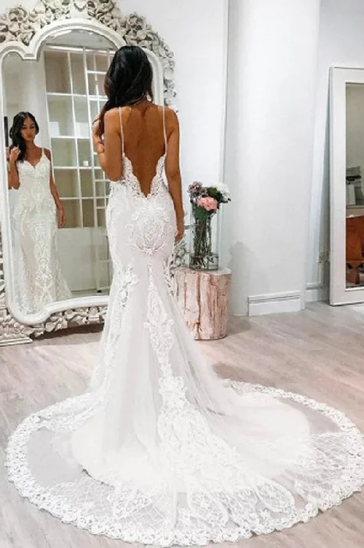 Pleated A-Line Wedding Dresses for Textured Style -Off White Tulle Mermaid Spaghetti Straps Chapel Train Wedding Dress with Lace Appliques OK1650 Pleated A-Line Wedding Dresses for Textured Style -Off White Tulle Mermaid Spaghetti Straps Chapel Train Wedding Dress with Lace Appliques OK1650