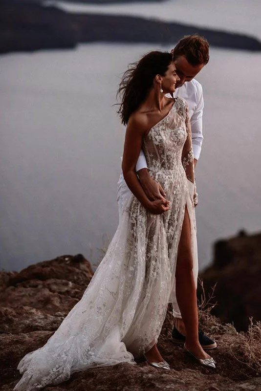 Floral Wedding Dresses for Garden Weddings -One Shoulder Off White Lace Beach Wedding Dress Simple A Line Slit Bridal Wedding Gown OK1564