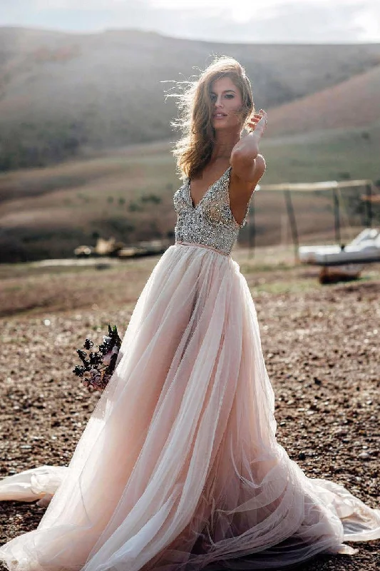 Off-The-Shoulder Lace Wedding Dresses for Romantic Feel -Pink Beading A Line V- Neck Sexy Tulle Long Beach Wedding/Prom Dresses OK254