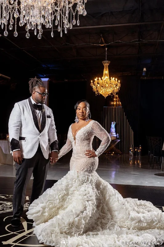 Simple Bridal Gowns for Understated Elegance -Mermaid Wedding Dress with Big Detachable Ruffle Bottom (#NADEEN)