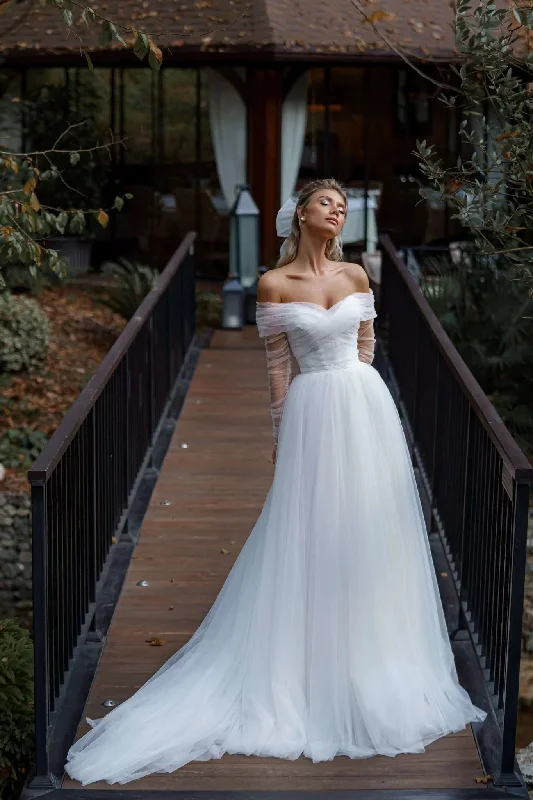 Lace Wedding Gowns with Crystal Detail for Extra Sparkle -Popular Wedding Dresses, Off Shoulder Long Bridal Gowns, Tulle Newest Wedding Dresses OK1984