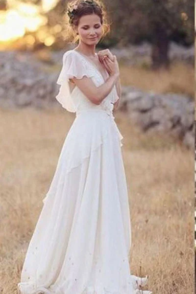 Tulle Wedding Dresses for Light and Flowing Look -Princess A Line Chiffon Lace Backless Ivory Beach/Coast Wedding Dress,Summer Wedding Gown OK266
