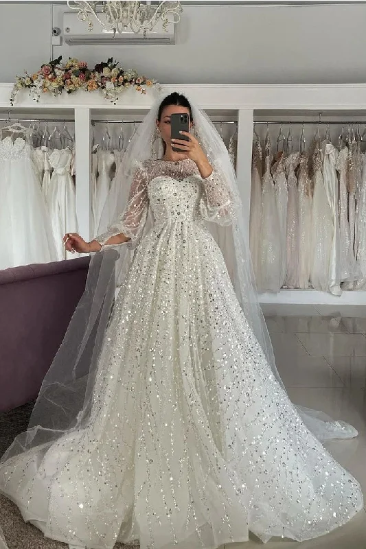 Minimalist Bridal Dresses for Understated Elegance -Princess A Line Sequined Long Sleeves Wedding Dresses Bridal Dresses OK1701