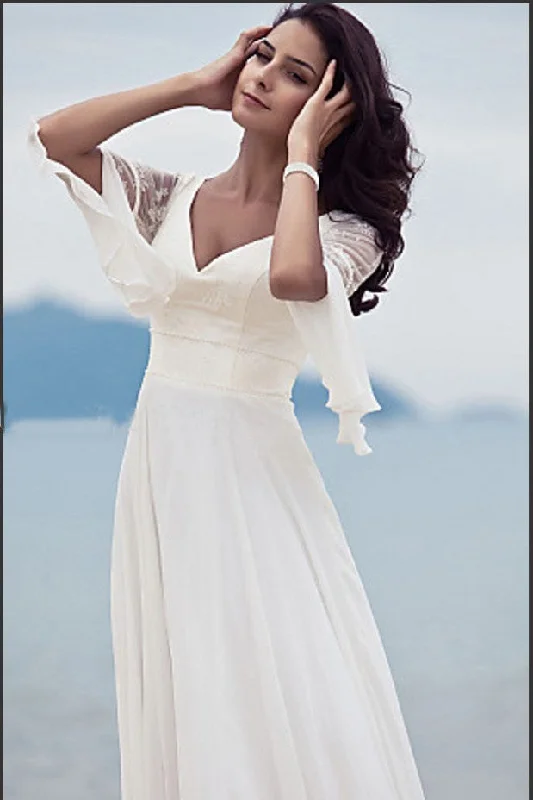 Crystal-Embellished Wedding Dresses for Extra Glam -Princess A Line V-neck Chiffon Lace Short Sleeves Beach/Coast Wedding Dress OK265