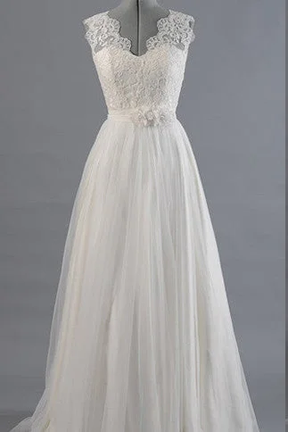 Tea-Length Wedding Dresses for Unique Look -Princess A Line V Neck Ball Gown White Lace Tulle Wedding Dress With Flowers Belt OK183 Tea-Length Wedding Dresses for Unique Look -Princess A Line V Neck Ball Gown White Lace Tulle Wedding Dress With Flowers Belt OK183