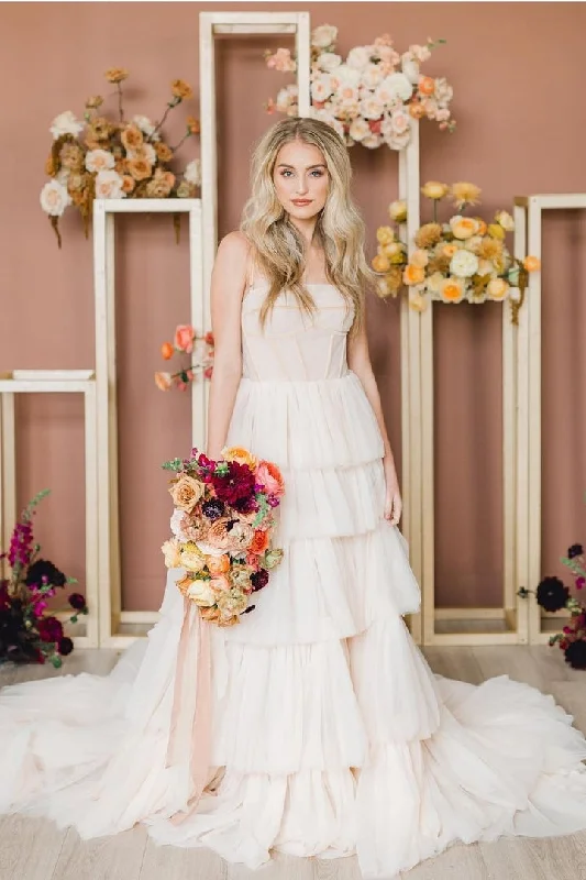 Bridal Dresses with Train for Dramatic Effect -Princess Aline Pale Blush Pink Wedding Dress with Tulle Tiered Skirt OK1430 Bridal Dresses with Train for Dramatic Effect -Princess Aline Pale Blush Pink Wedding Dress with Tulle Tiered Skirt OK1430