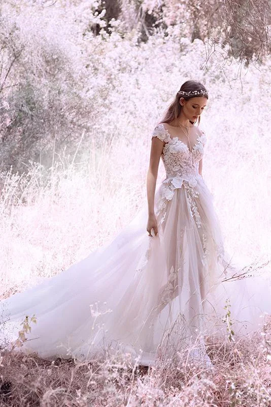 Cold Shoulder Wedding Dresses for Contemporary Look -Romantic Ivory Cap Sleeve Tulle Long Bridal Wedding Dress OKM84