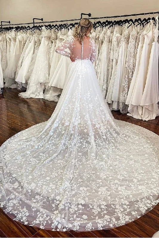 Classic White Wedding Dresses for Traditional Brides -Princess Lace Long-sleeves Appliques A Line Wedding Dress with Cathedral Train OK1585 Classic White Wedding Dresses for Traditional Brides -Princess Lace Long-sleeves Appliques A Line Wedding Dress with Cathedral Train OK1585