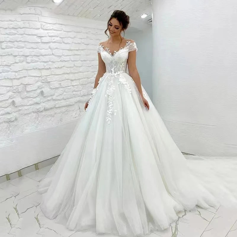 Sheer Wedding Dresses for Elegant Coverage -A Line Wedding Dress Sweetheart Cap Sleeve 3D Appliques Boho Bridal Gowns Sheer Wedding Dresses for Elegant Coverage -A Line Wedding Dress Sweetheart Cap Sleeve 3D Appliques Boho Bridal Gowns