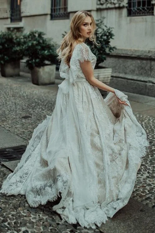 A-Line Satin Wedding Dresses for Classic Appeal -Princess Lace V Neck Backless Boho Wedding Dress A-line Lace Bridal Gown OKV57