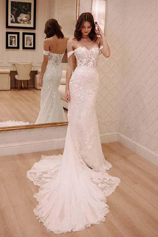 Silk Wedding Dresses for Luxe Finish -Princess Off Shoulder Court Train Chiffon Long Wedding Dresses with Lace Appliques OKA51 Silk Wedding Dresses for Luxe Finish -Princess Off Shoulder Court Train Chiffon Long Wedding Dresses with Lace Appliques OKA51