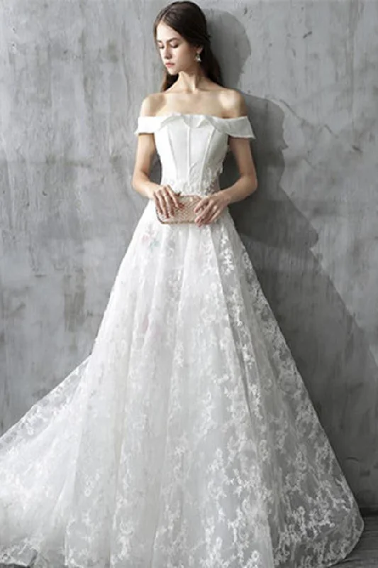 Dramatic Train Wedding Dresses for Grand Wedding Day -Princess White Off the Shoulder Lace A Line Wedding Dresses OK637 Dramatic Train Wedding Dresses for Grand Wedding Day -Princess White Off the Shoulder Lace A Line Wedding Dresses OK637