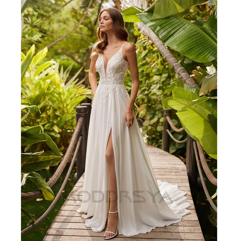 Vintage Bridal Gowns with Lace and Satin for Timeless Romance -Wedding Dresses For Woman Civil Beach V-Neck Appliques Lace Split Bridal Gowns Vintage Bridal Gowns with Lace and Satin for Timeless Romance -Wedding Dresses For Woman Civil Beach V-Neck Appliques Lace Split Bridal Gowns