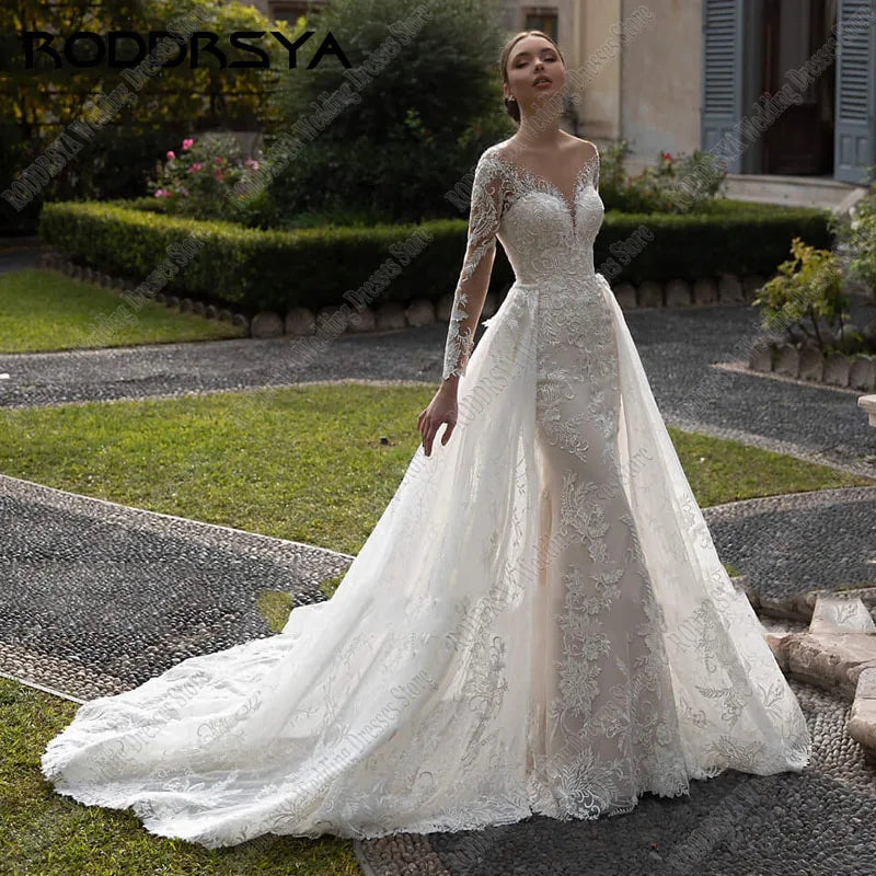 Tiered Wedding Dresses for Voluminous Look -V-Neck Appliques Mermaid Wedding Dress Elegant Long Sleeve Tulle Bridal Gowns Tiered Wedding Dresses for Voluminous Look -V-Neck Appliques Mermaid Wedding Dress Elegant Long Sleeve Tulle Bridal Gowns